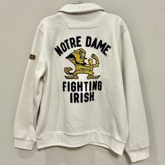 Notre Dame Retro Lettermans Jacket Sz Lg Cream Chenille Patches Fleece New - Picture 1 of 6